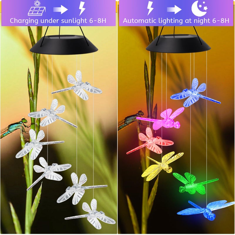 AVEKI Solar Wind Chimes Outdoor, Color-Changing Solar Mobile Wind Chime Waterproof Solar Powered LED Hanging Lamp for Outdoor Garden Festival Decoration (Dragonfly) - Image 4